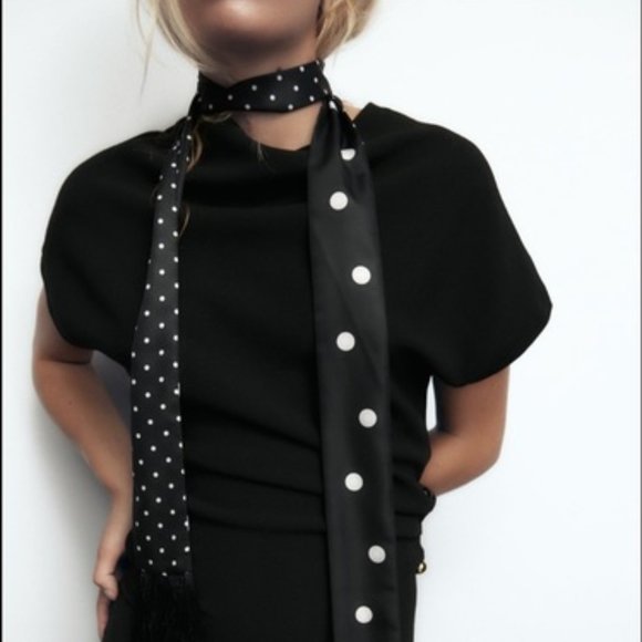 Zara Polka Dot Long Skinny Fringe Scarf - Picture 5 of 6